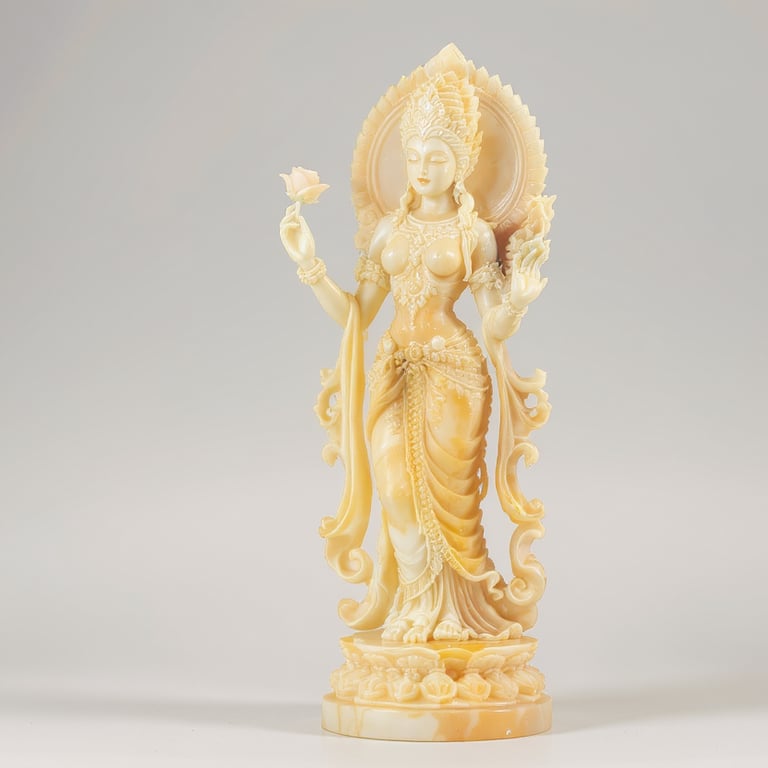 Ivory-golden onyx statue of a serene goddess holding a lotus, glowing softly with divine elegance.