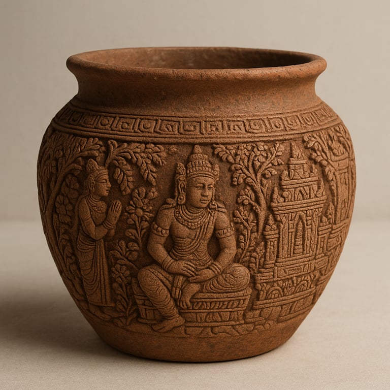 Hand-carved terracotta vessel depicting ancient figures and temple motifs, inspired by classical Asi