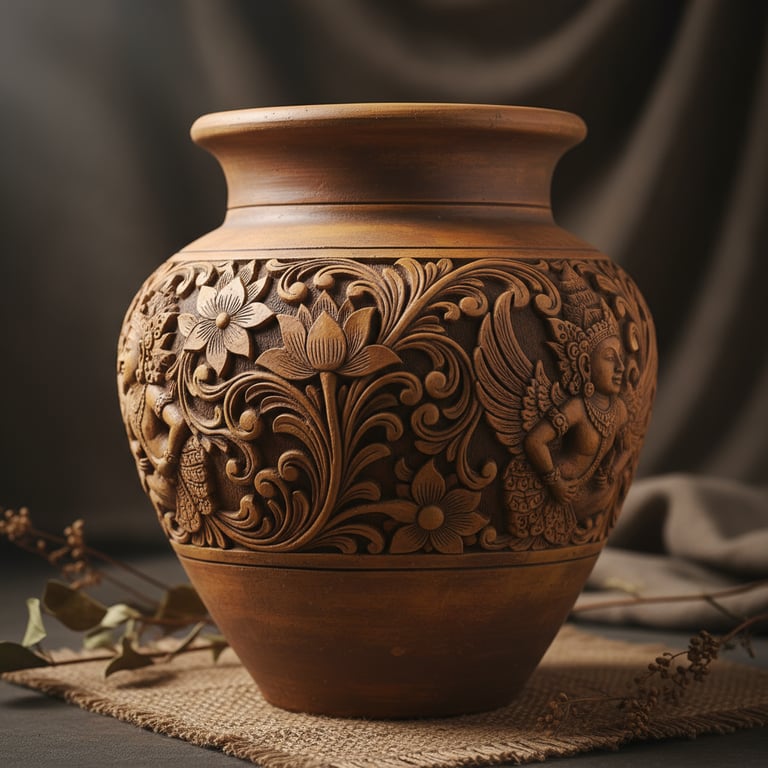 Intricately hand-carved terracotta vessel featuring celestial figures and floral motifs, symbolizing