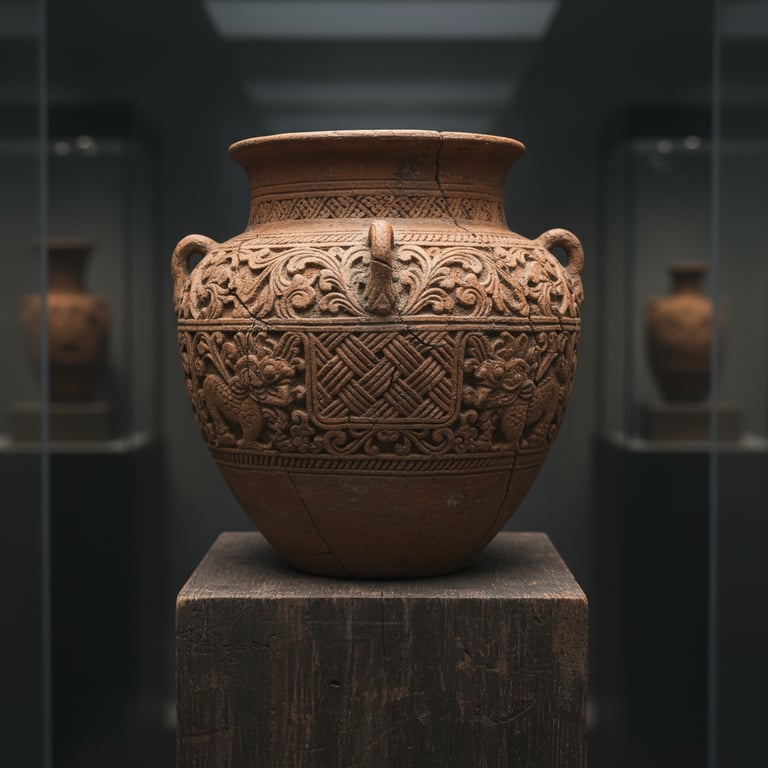 A reddish-brown terracotta vessel with intricate carvings of floral and mythical motifs, including h