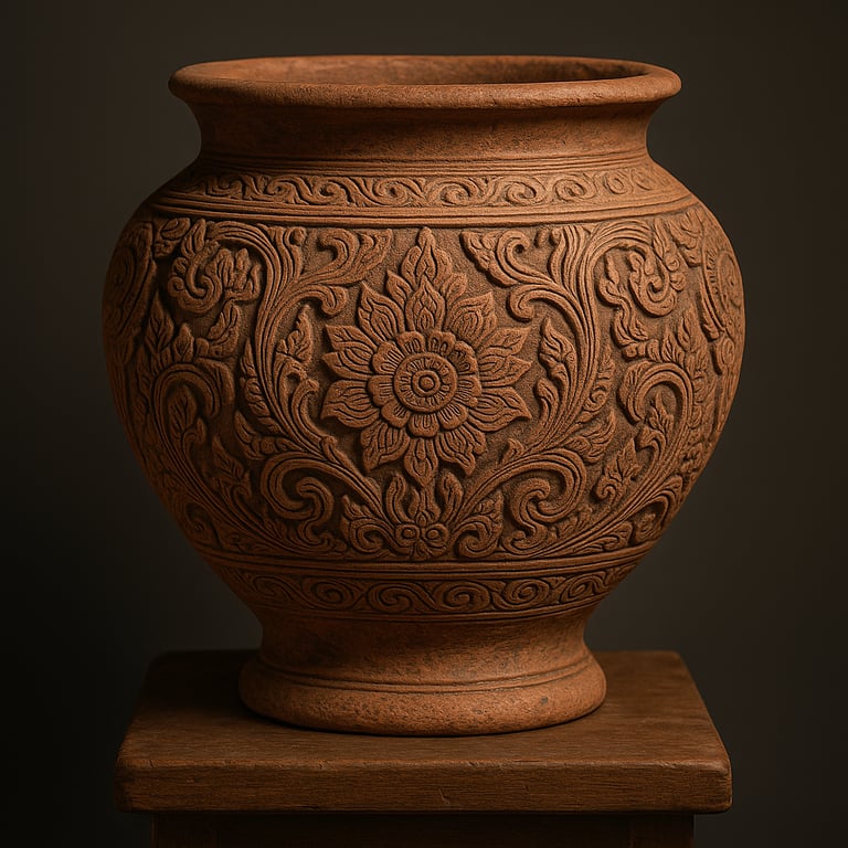 A terracotta vessel intricately carved with floral and swirling traditional motifs, exuding an ancie