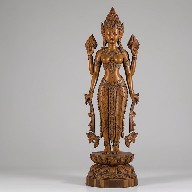 Hand-carved teakwood statue of a four-armed goddess figure standing gracefully on a lotus pedestal,