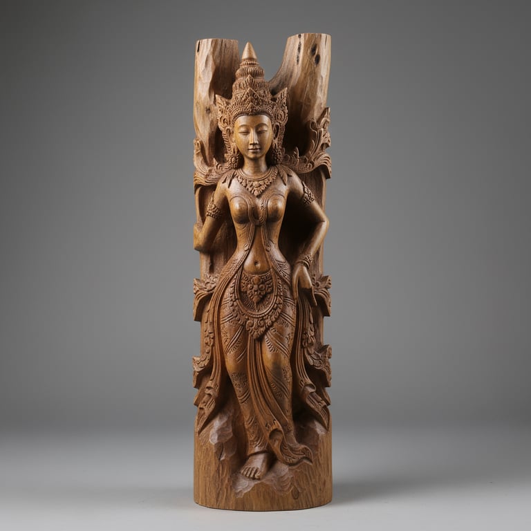Hand-carved teakwood relief sculpture of a serene goddess figure emerging gracefully from a tree