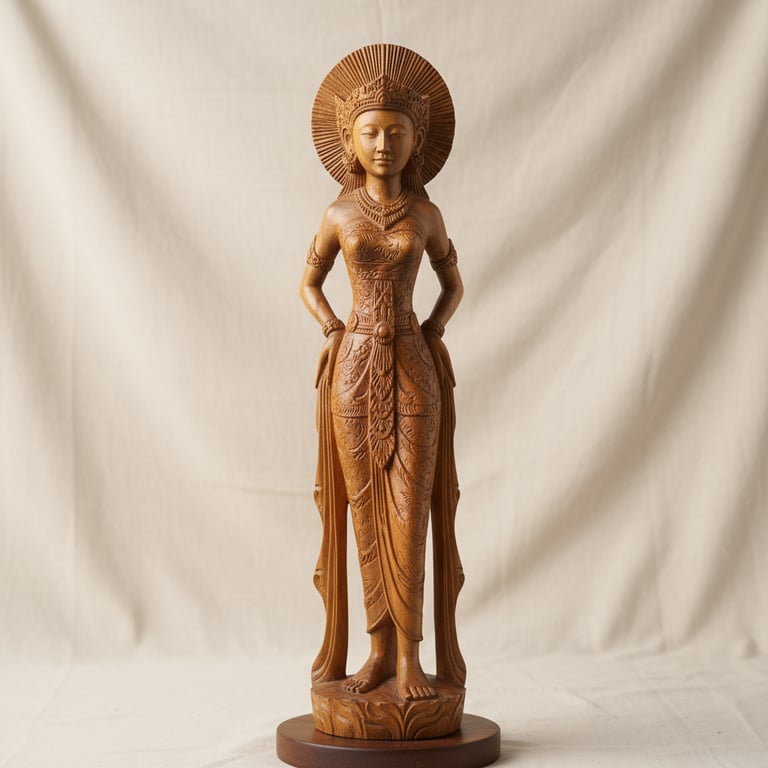 Intricately hand-carved teakwood sculpture of an apsara standing gracefully with serene expression,