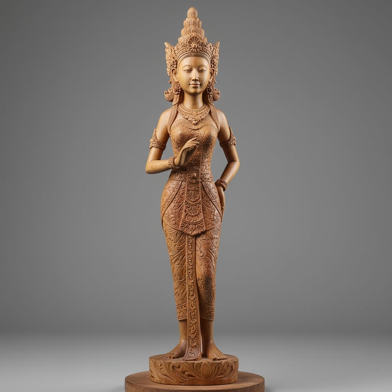 Hand-carved teakwood statue of a serene goddess figure standing gracefully on a round pedestal, deta