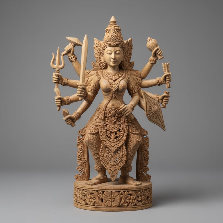 Intricately hand-carved teakwood statue of a multi-armed goddess embodying divine balance, holding s