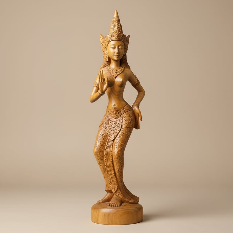 Hand-carved teakwood statue of an Apsara dancer, featuring detailed traditional patterns and smooth