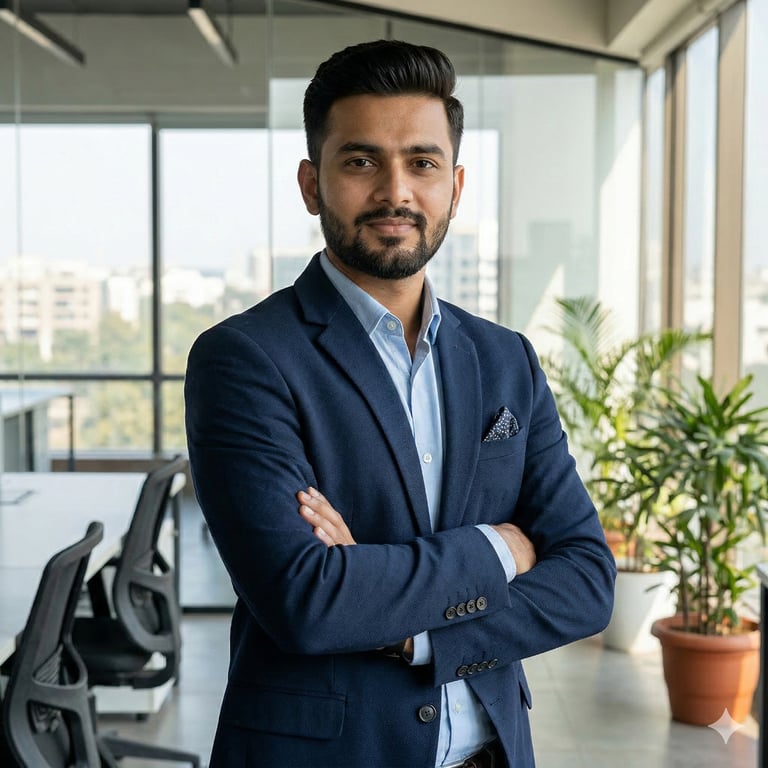 Professional businessman in a blue blazer posing with crossed arms in a modern office.