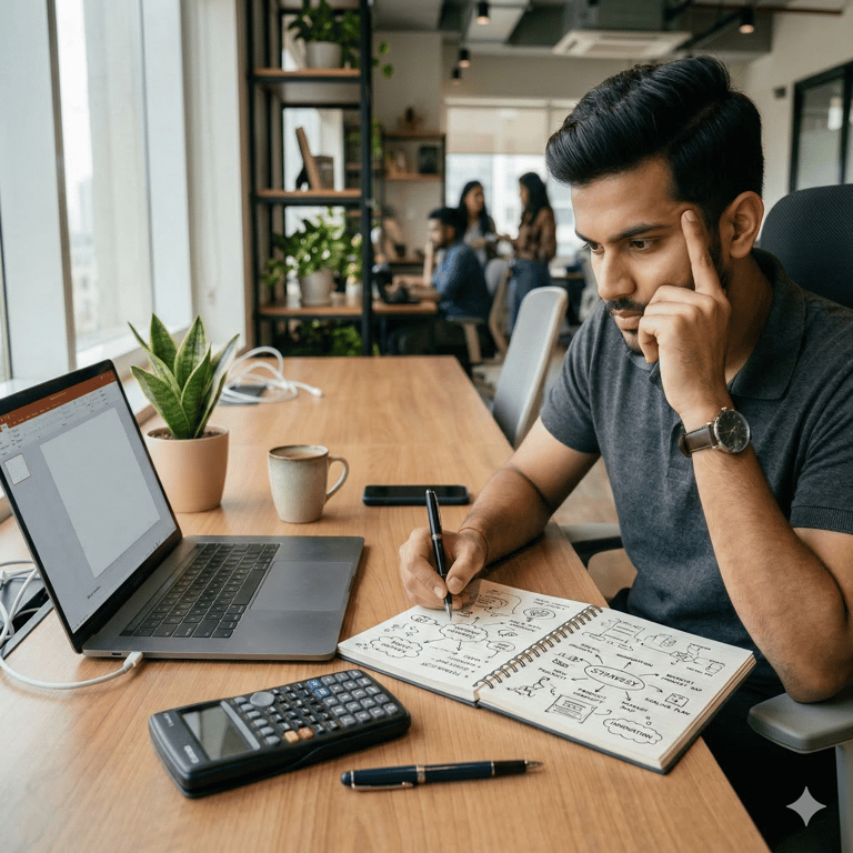 A young professional brainstorming at an office desk with a laptop and notebook.