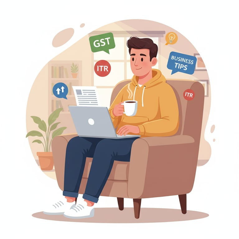 a man sitting in a chair with a laptop and a cup of coffee