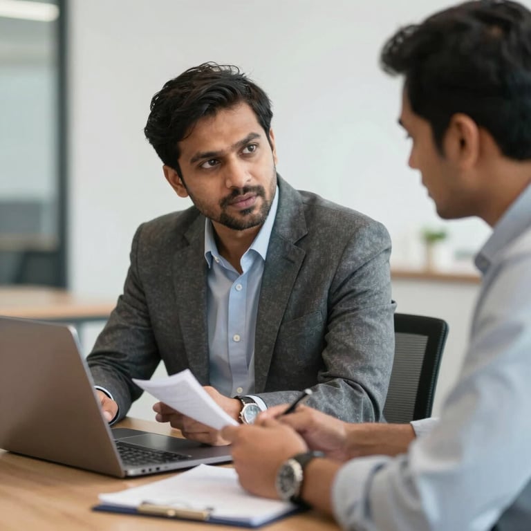Professional businessman in a grey blazer discussing documents during a corporate office meeting.