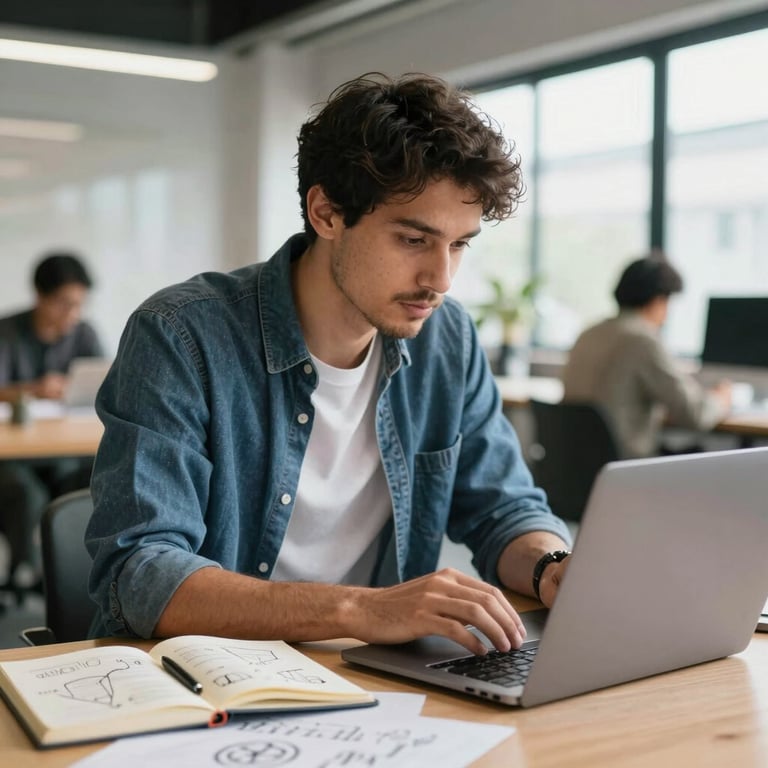 Young male developer working on a laptop in a modern open-plan coworking office space.