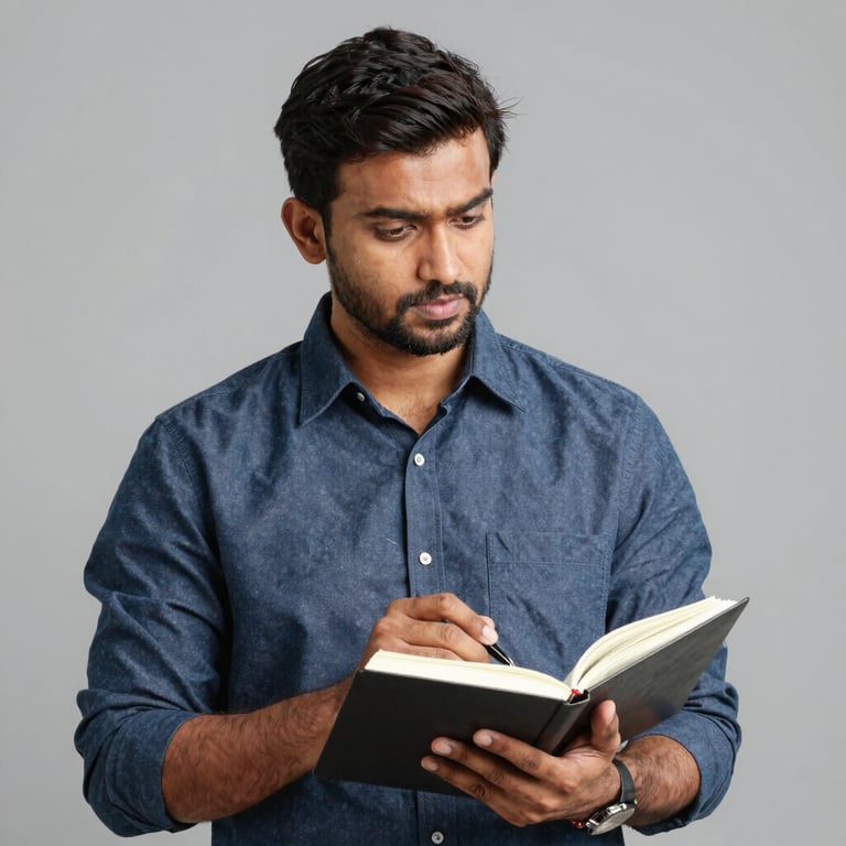Professional man in a blue shirt writing notes in a black notebook for business planning.