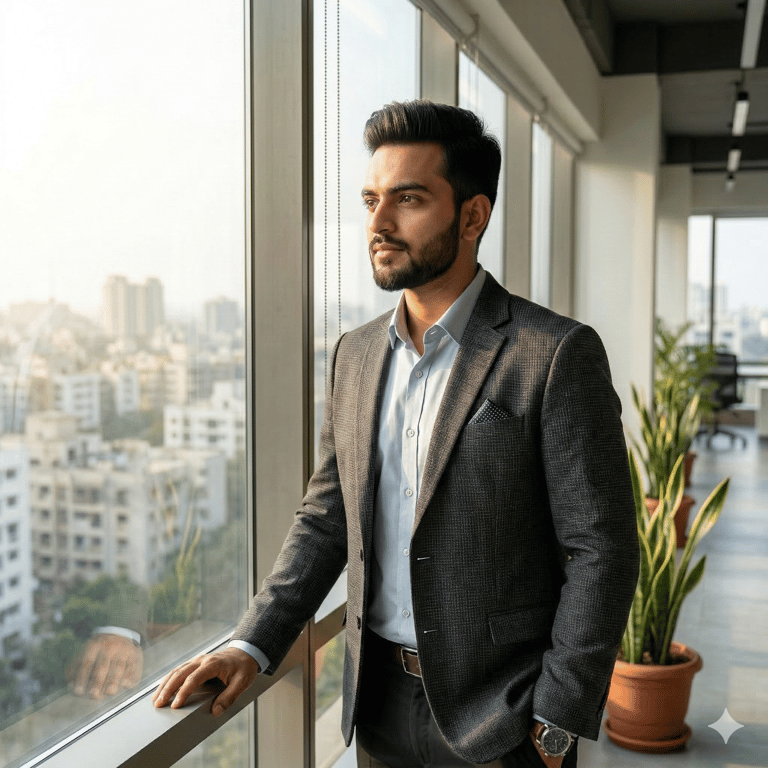 Professional businessman in a grey blazer looking out a high-rise office window at the city skyline.