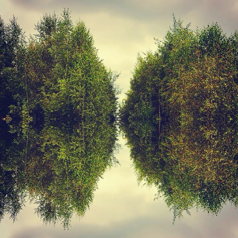 A serene forest with tall trees mirrored in calm water