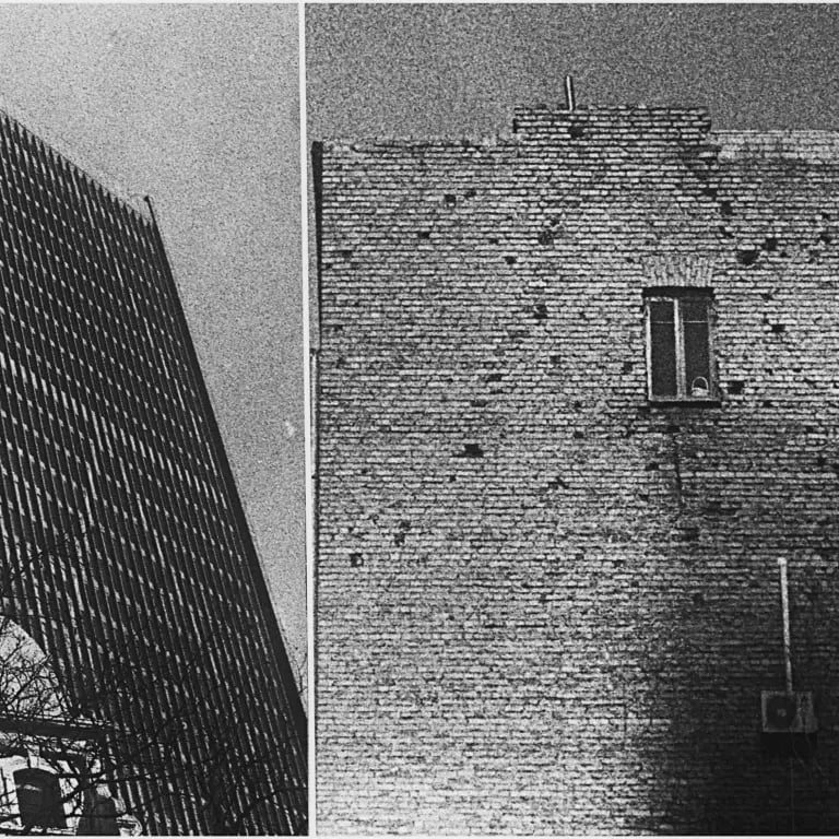Collage with two buildings of Boston and Vilnius