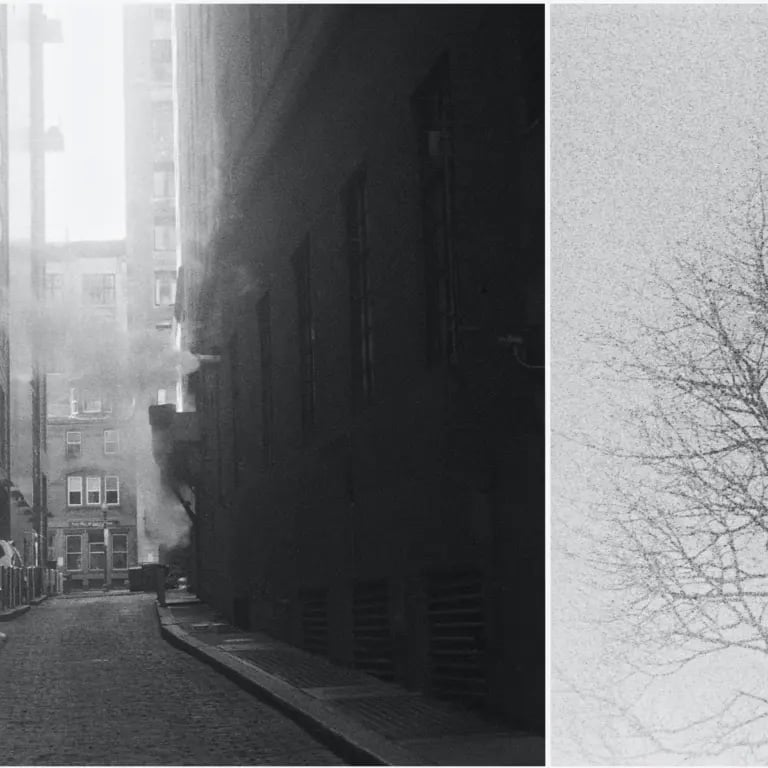 A black and white photo composition merging images of streets from Boston and Vilnius