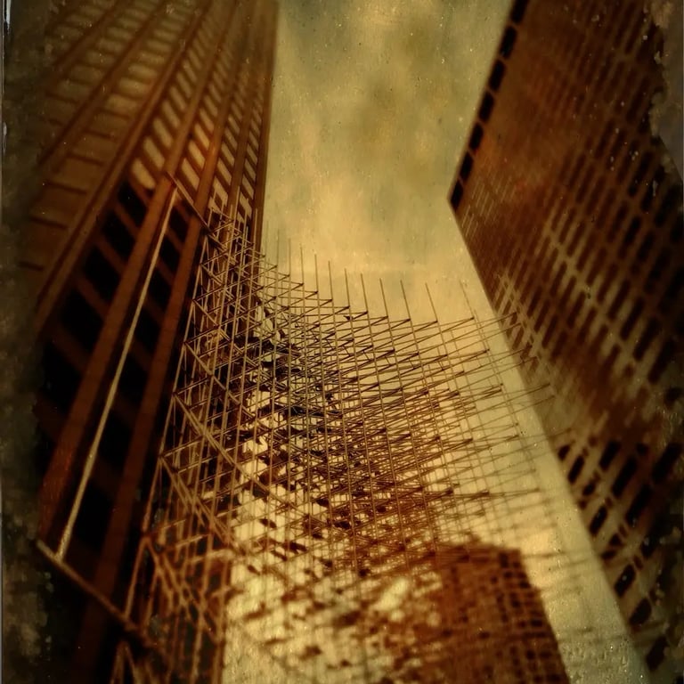 A building with scaffolding, showcasing a vintage look due to the tintype filter