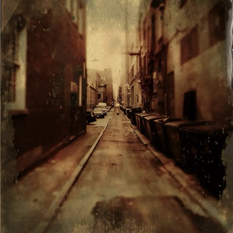 A nostalgic city street photograph featuring a car parked in the middle