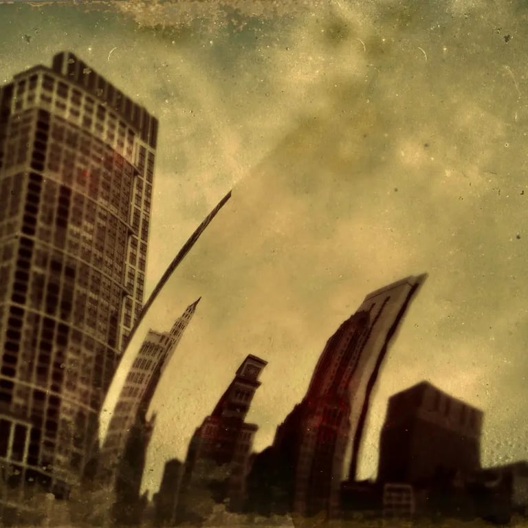 City skyline with a building in the background, captured in a tintype filter