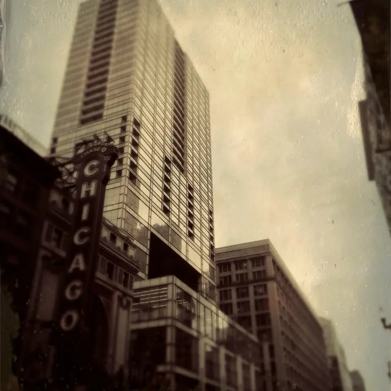 A tall building in Chicago, captured with a tintype filter