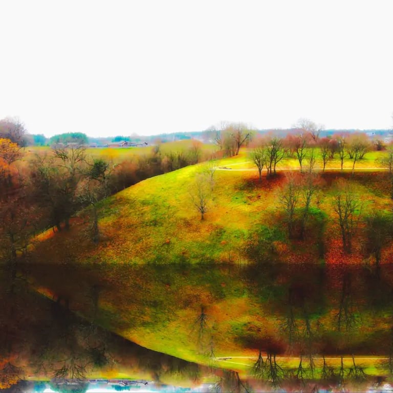 Drone photo of trees mirrored in a serene lake