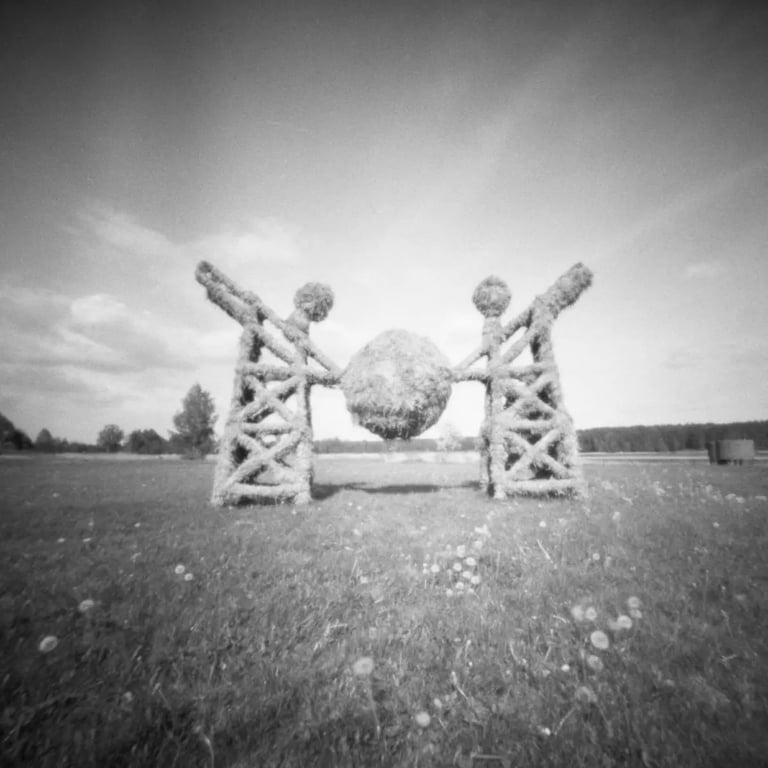 A pinhole photograph of a sculpture standing in a field, captured in black and white.