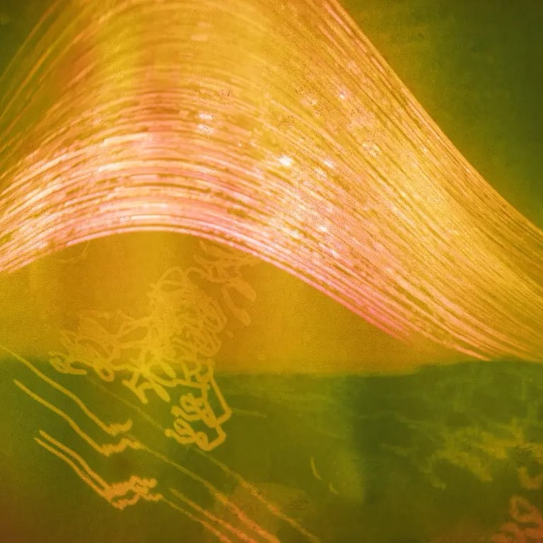Vibrant wave crashing against a red and yellow backdrop, illuminated by the sun's path over six months