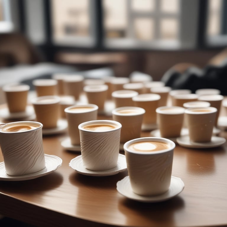 Several empty paper cups arranged on a white surface.