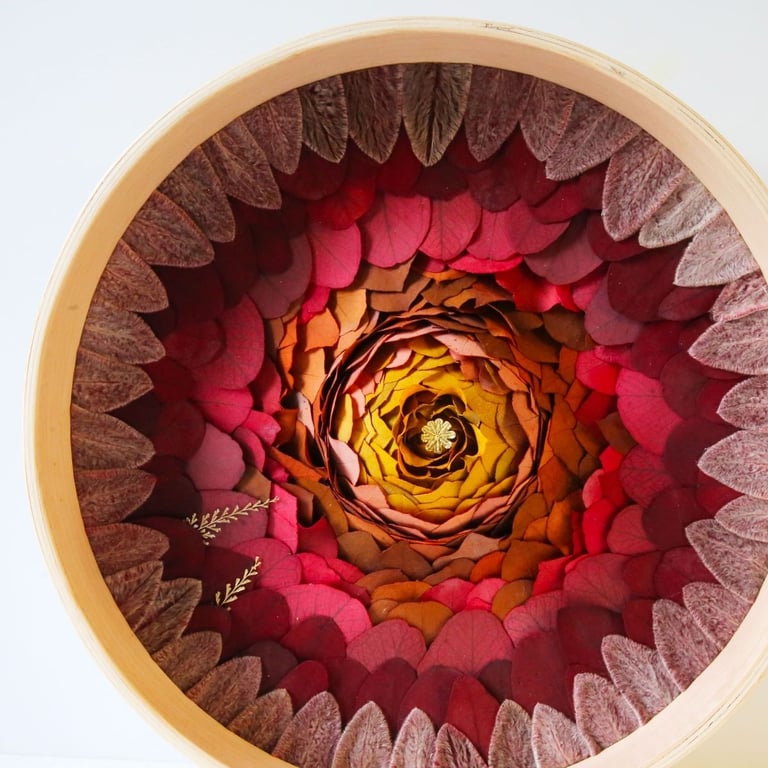 Tableau végétal composé de végétaux et fleurs stabilisées par Atelier Origine