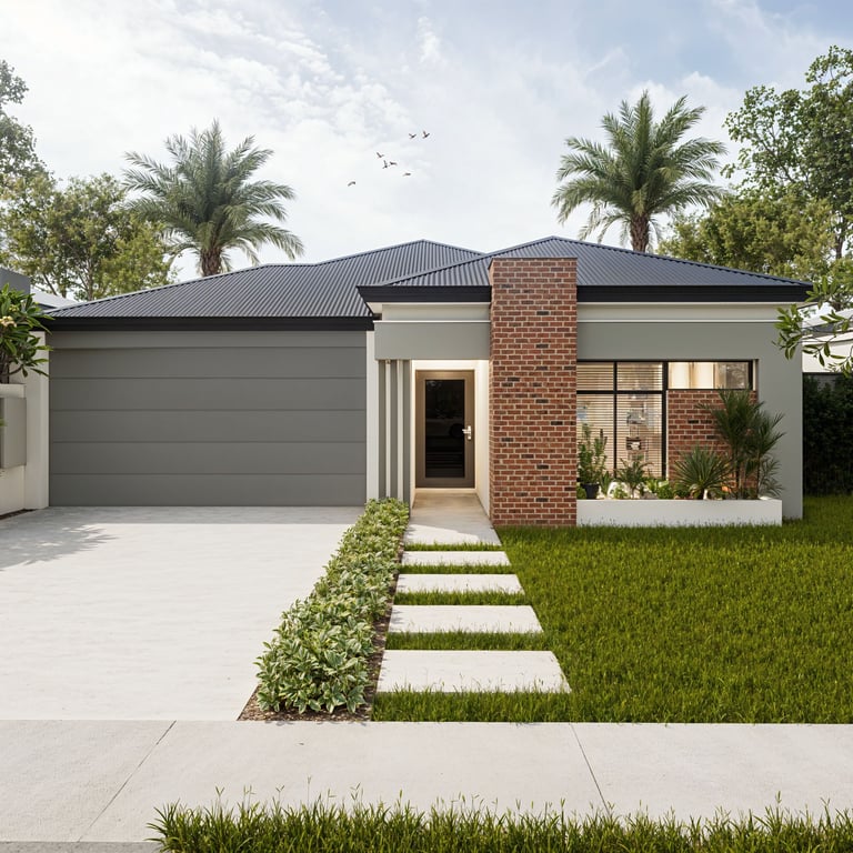 Modern single-story home with a grey garage door, red brick accent wall, palm trees, and a geometric concrete walkway.