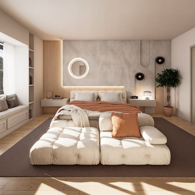 Modern bedroom with a window seat, built-in bookshelves, textured walls, and a low-profile tufted bed