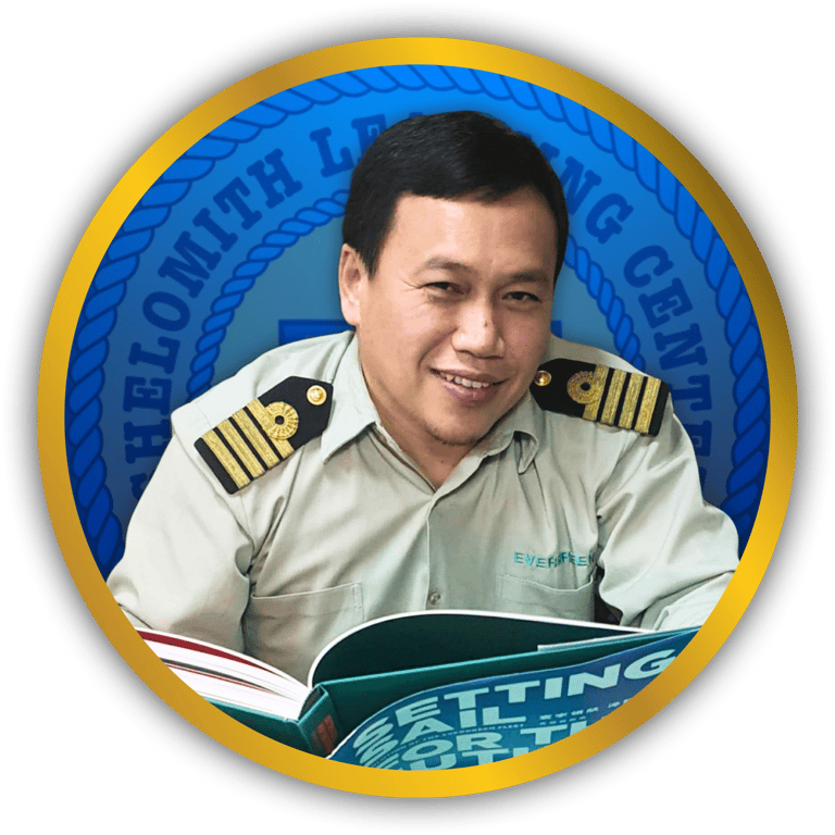 Photo of Mr. Reno A. Ewican on a circle gold frame with Shelomith Learning Center Logo background.