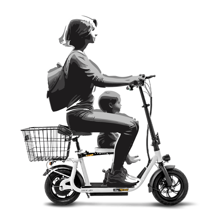a person riding a scooter with a basket basket in the back