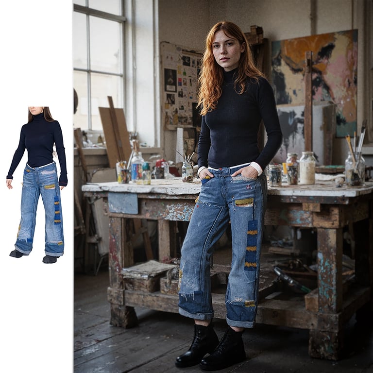 Artist studio with AI generated model wearing jeans and turtle neck sweater
