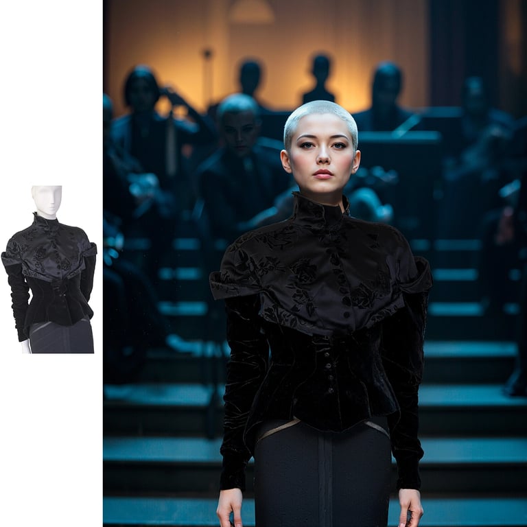 Asian woman wearing an embroderied black jacket standing in front of orchestra elements playing in the background AI generate