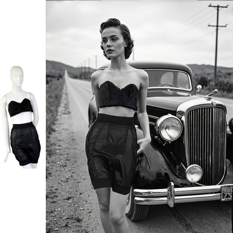 AI generated woman standing by a vintage 1950s car wearing leather briefs and a bra