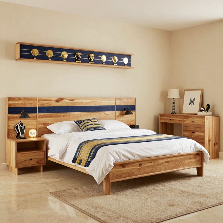 Modern solid wood bedroom set featuring a platform bed with integrated headboard, nightstand, and matching dresser.