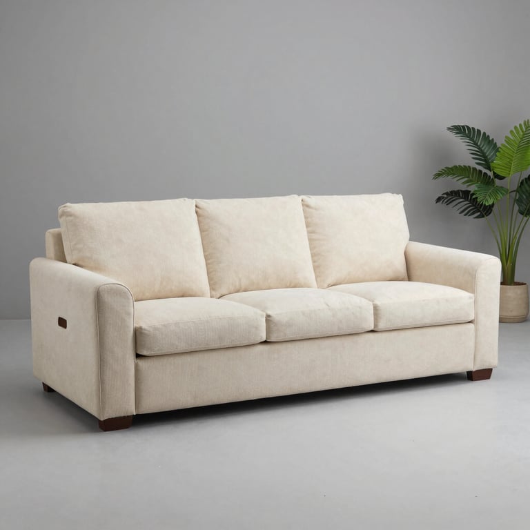 Modern cream upholstered three-seater sofa with plush cushions and wood legs next to a potted palm plant.