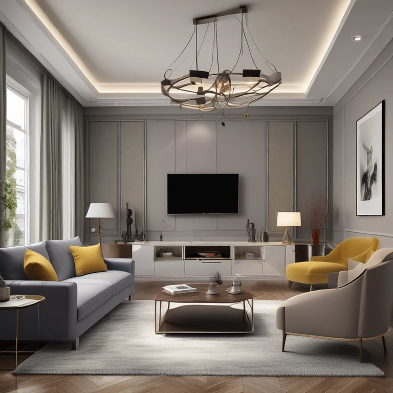 Modern grey living room featuring a wall-mounted TV, yellow accent chairs, and an artistic chandelier.