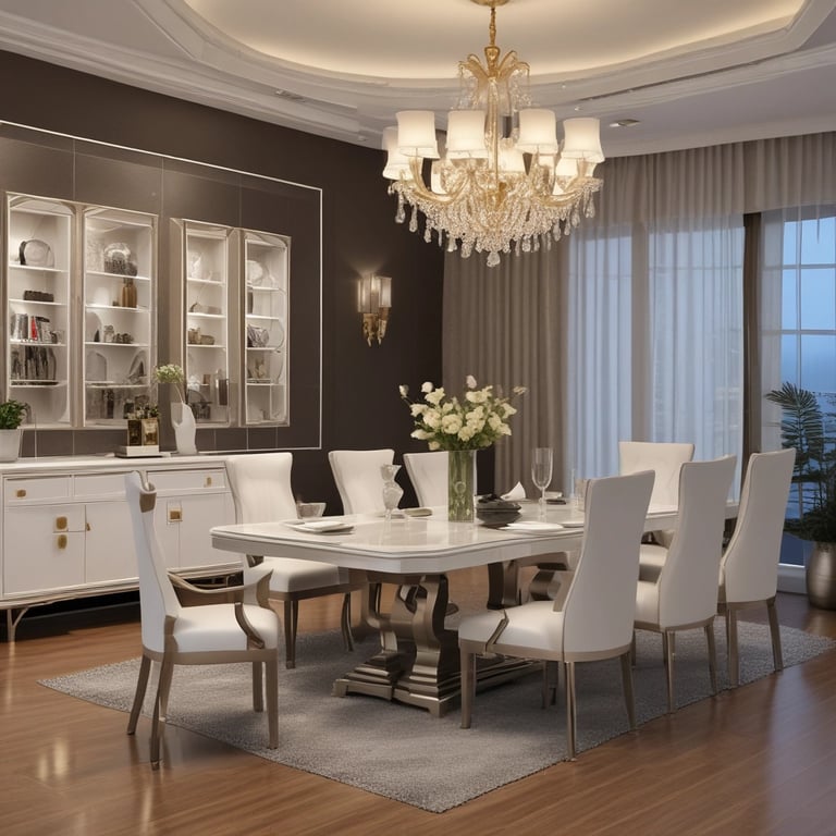Luxury dining room featuring a white marble table, elegant white chairs, and a crystal chandelier.