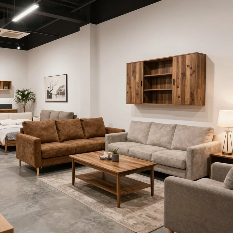 Modern living room furniture showroom featuring a brown leather sofa, grey fabric couch, and wooden coffee table.