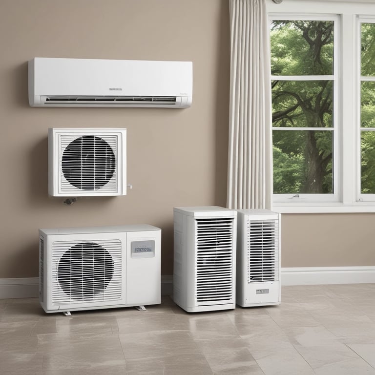 Modern ductless mini split air conditioner unit and heat pump systems installed in a residential room.