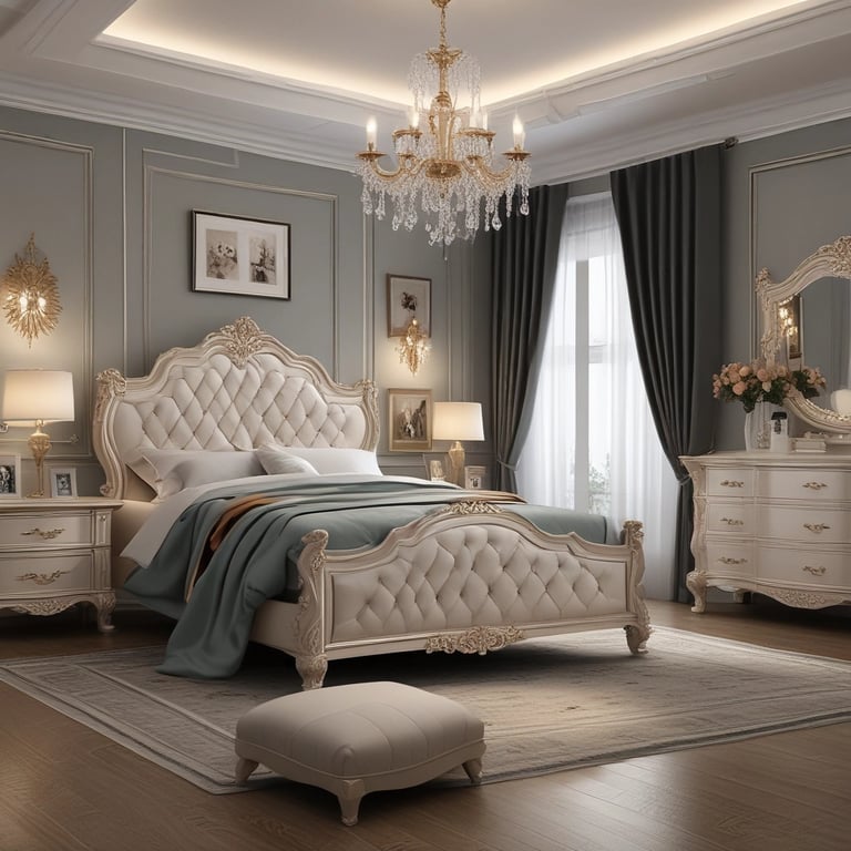 Elegant master bedroom featuring a cream tufted bed, crystal chandelier, and classic French provincial furniture.