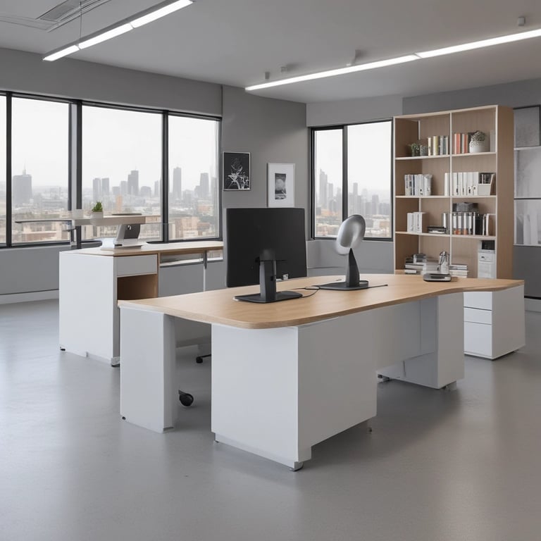 Modern open plan office with ergonomic desks, computer monitors, and a cityscape view through large windows.