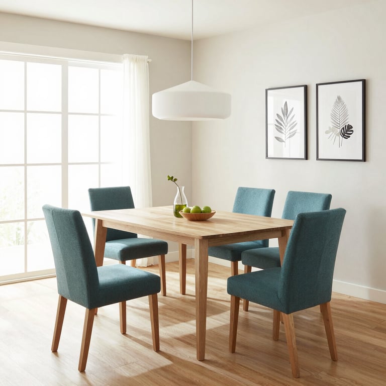 Modern wooden dining table set with teal upholstered chairs and a minimalist pendant light.