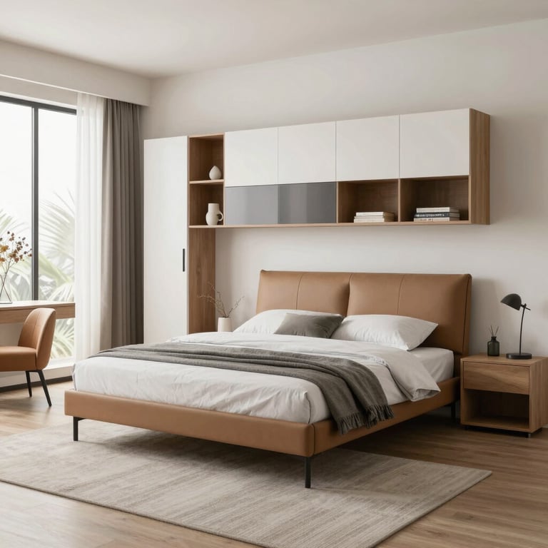 Modern master bedroom with tan leather bed frame, white wall-mounted storage cabinets, and minimalist decor.