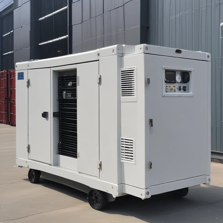 A portable diesel engine generator encased within a black metal frame, featuring a combination of silver, red, and black components. The engine housing displays branding and instructional graphics. The backdrop is a plain, muted gray-blue surface.