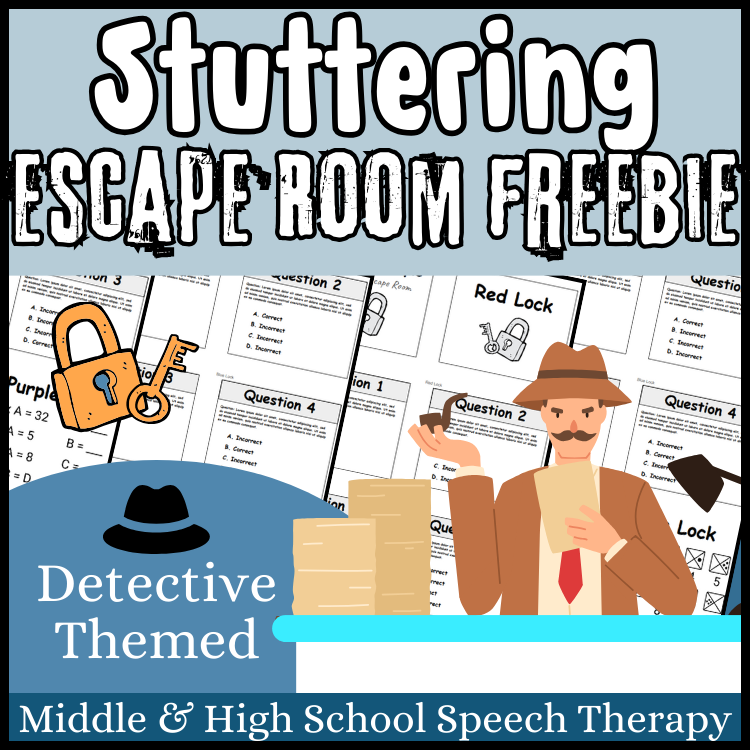 stuttering escape room freebie with picture of detective and padlock