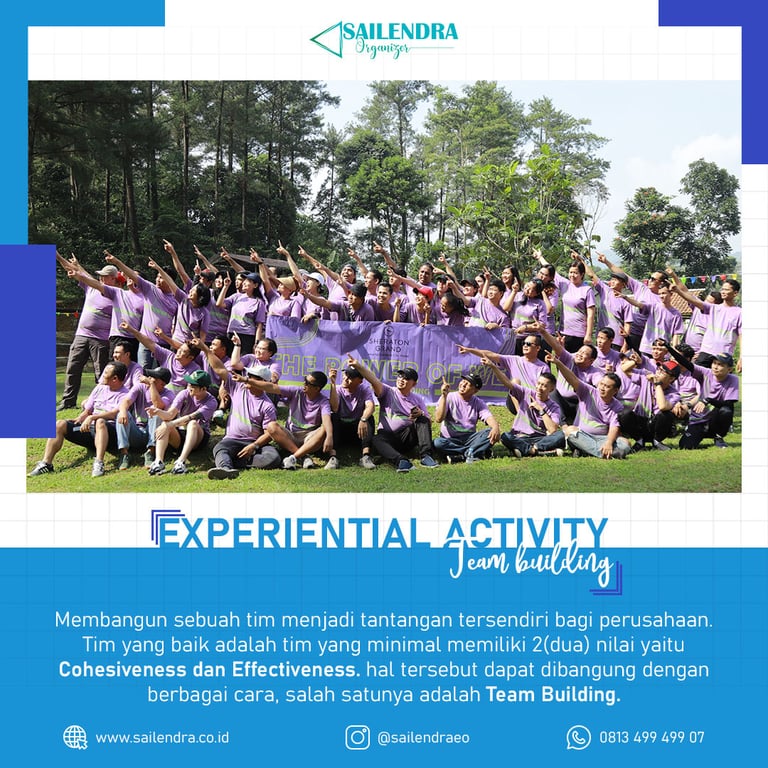a group of people standing in front of a banner in activity team building
